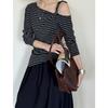 Tachibana Korean Striped Long-sleeved Top Diagonal Shoulder Versatile T-shirt Slim and Thin 1169 Viscose Fiber Breathable