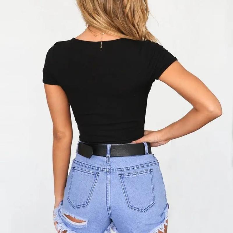 European and American summer women's pure color sexy U-neck pullover short sleeved slim fit jumpsuit