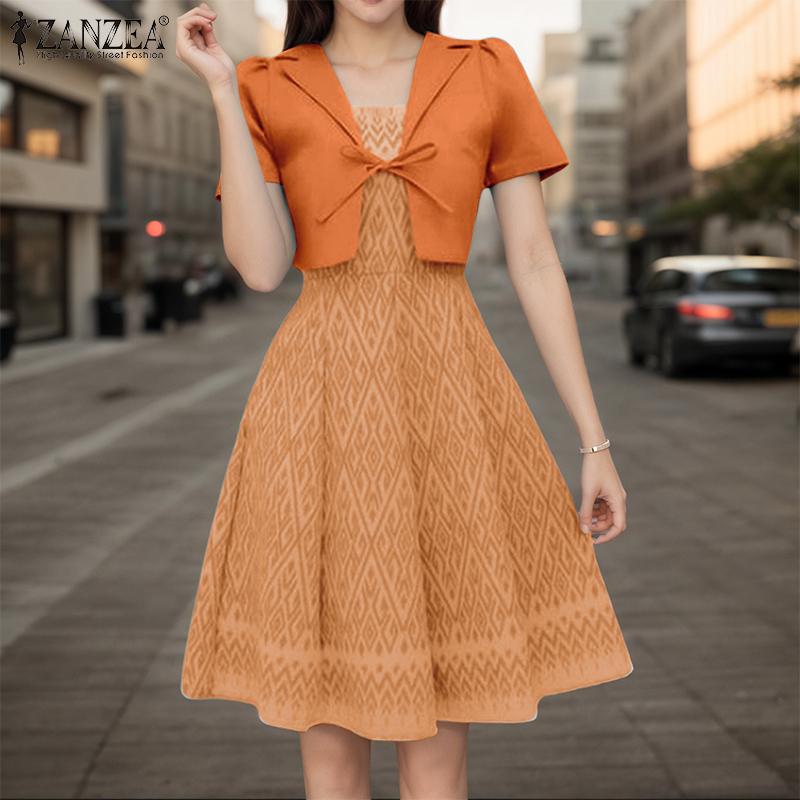 ZANZEA Women Casual Patchwork Summer Short Sleeve Print Dress