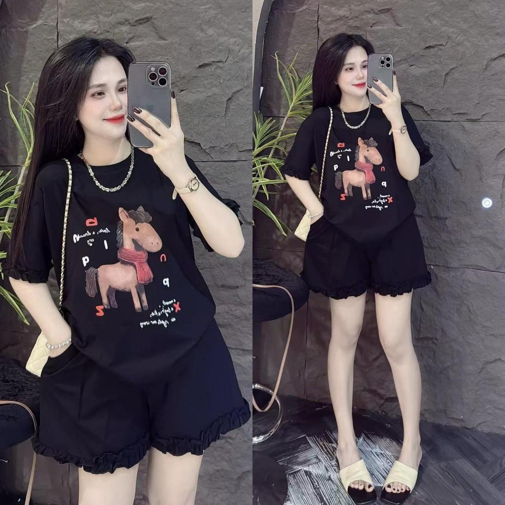 Cute Horse Print Women's Summer Two-Piece Suit: Loose Short Sleeve Top & Shorts