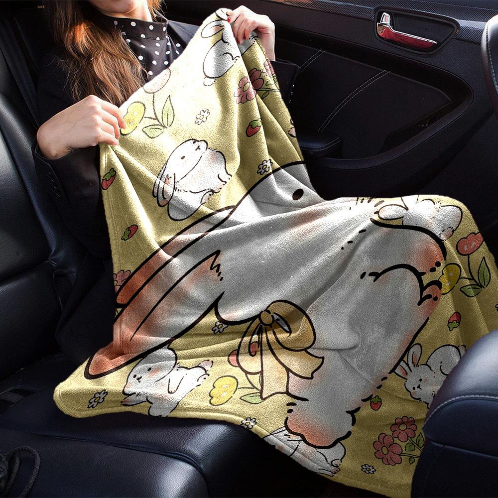 1pc Rabbit Flowers Blanket Lightweight Flannel Throw for Sofa Bed Travel Camping Livingroom Office Couch Chair