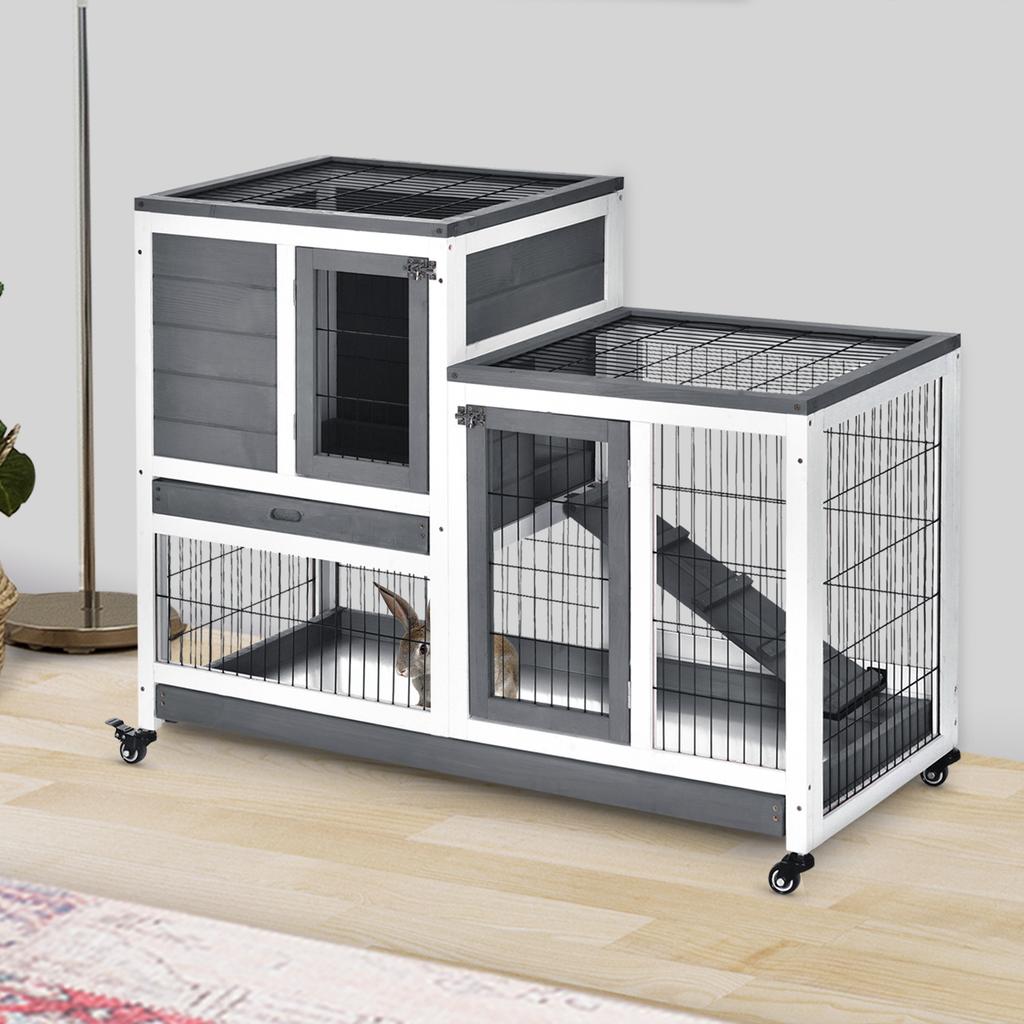 Wooden Rabbit Hutch with Wheels for Indoor Use, 2-Story Cage with Ramp and 2 Removable Trays, 110x50x88cm, Grey