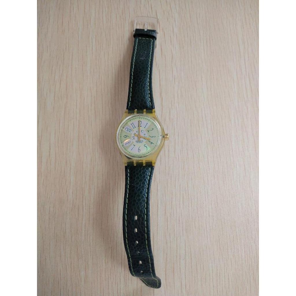 Used Swatch watch rainbow dial green genuine leather strap