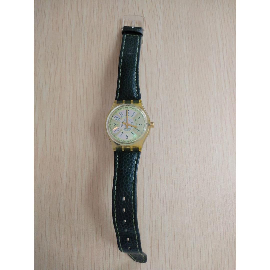 Used Swatch watch rainbow dial green genuine leather strap