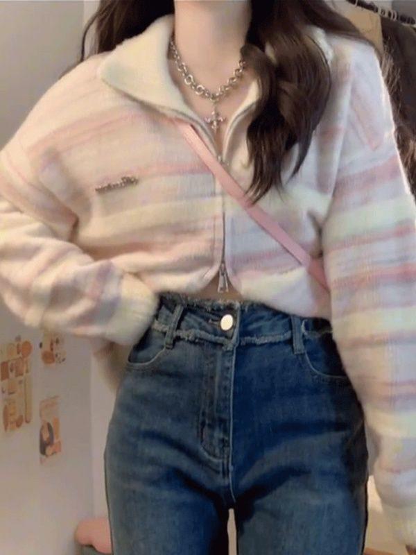 Damen Gestreifter Strickcardigan mit Stehkragen - Frühling/Sommer Weicher Lässiger Pullover Top