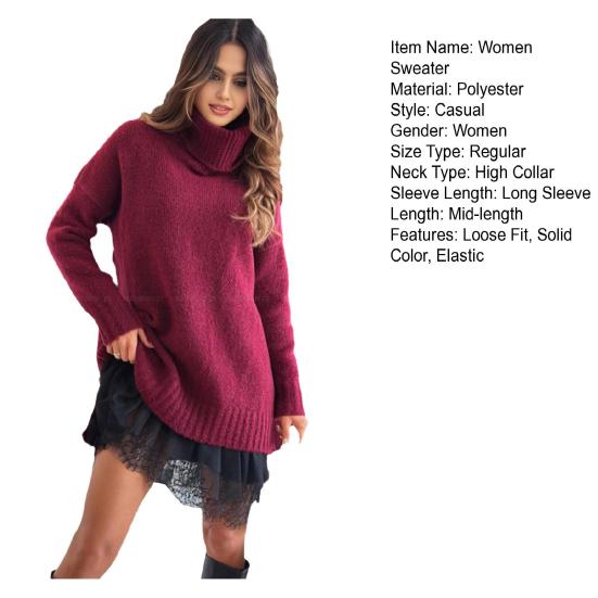 Women Sweater High Collar Long Sleeve Ribbed Trim Knitted Tops Solid Color Loose Fit Autumn Winter Casual Sweater