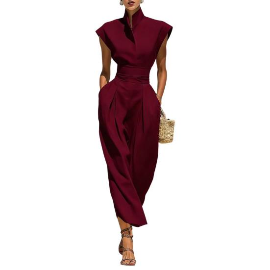 

High Neck Cap Sleeve Midi Dresses for Women Summer Casual Business Work Dress High Waist Flowy Office Outfits with Pockets S вина червоного кольору