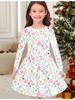 Girls' Autumn and Winter Fashion Dress, 3D Flower Print  Round Neck Long Children's T-shirt Dress, Casual Versatile, Christmas Clothing