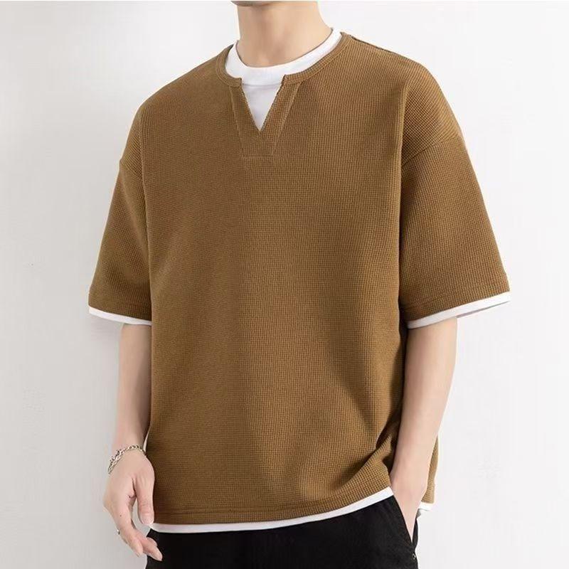 Men's Waffle Knit Fake Two-Piece Short Sleeve T-Shirt Casual Loose Crew Neck Top
