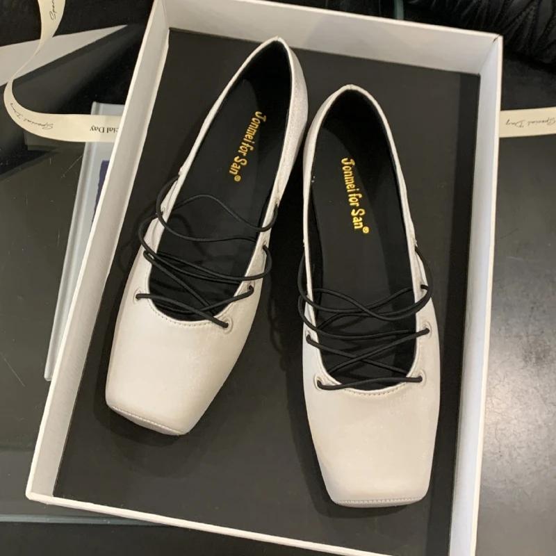 

Fashion Vintage Satin Square Toe Flat Ballet Shoe Women Fashion Lace Up Design Brand Mary Jane Shoe Comfort Zapatos Elegantes Para Mujer 39