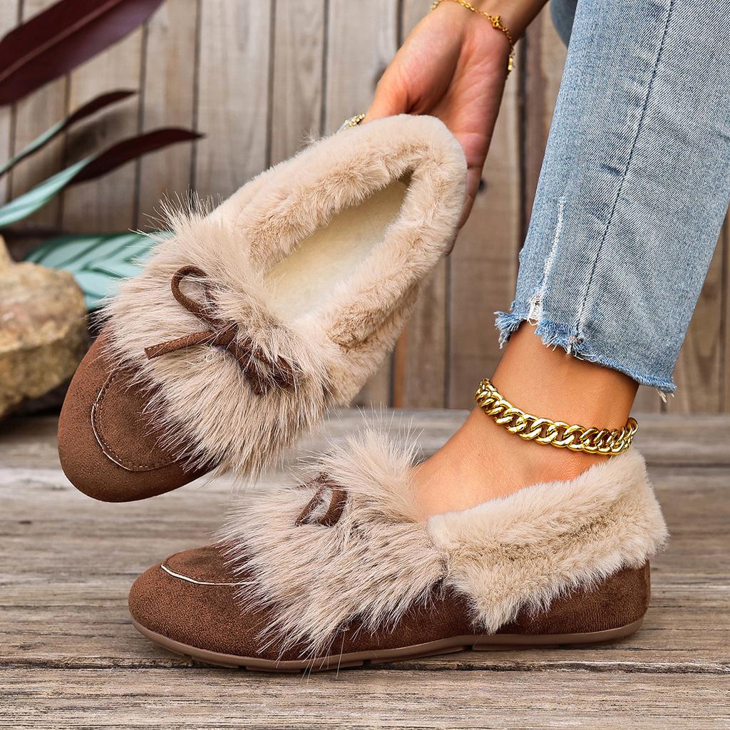 Damen Plüsch-Slipper in Überweite, Slipper-Mokassins mit Schleifendetail, Winter-Komfortschuhe für Damen mit niedrigem Schaft