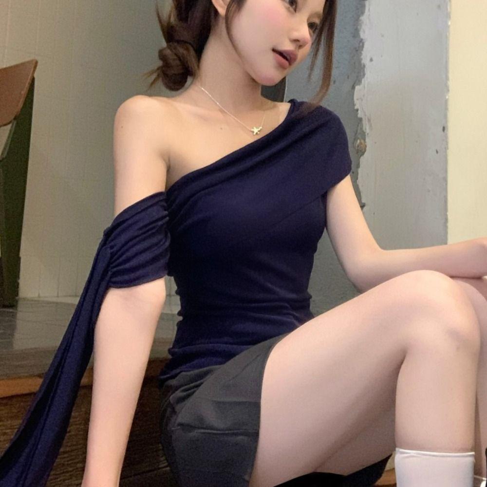 Slim Fit Y2K Crop Top Women Ribbon Slanted Shoulder Top Fashion Off Shoulder Shirt Top Girls