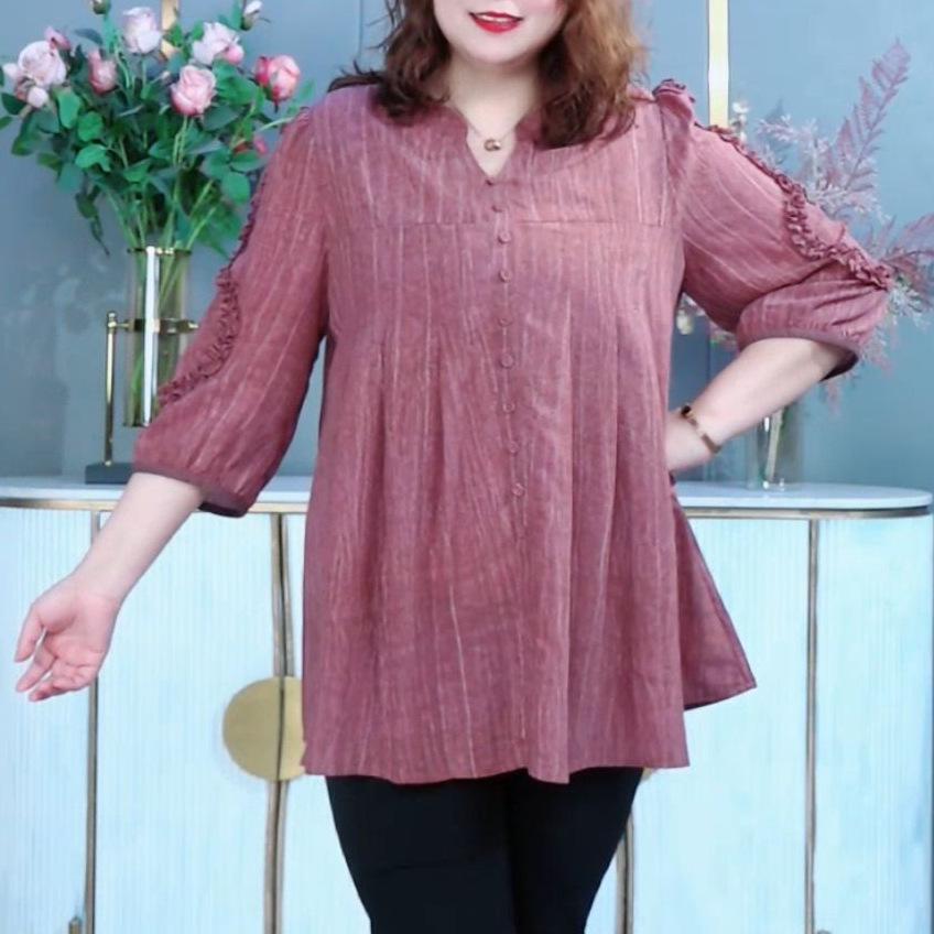 

Летняя хлопково-льняная рубашка свободного кроя большого размера для женщин 2025 2XL (140-160 lbs) розовый