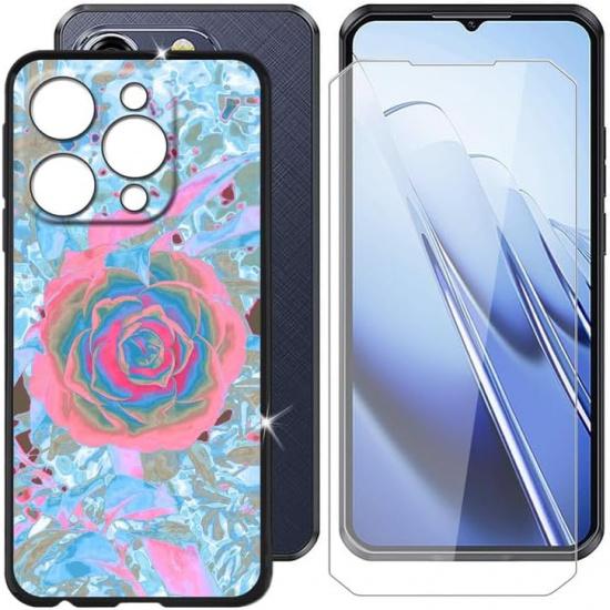 

для Oukitel WP52 (6.60 ) Чехол для телефона + Защитная пленка для экрана, Противоударный чехол-бампер Тонкий Мягкий Силиконовый ТПУ Чехол против царапин + Закаленное стекло - Колокольчик G-Black-Red flower