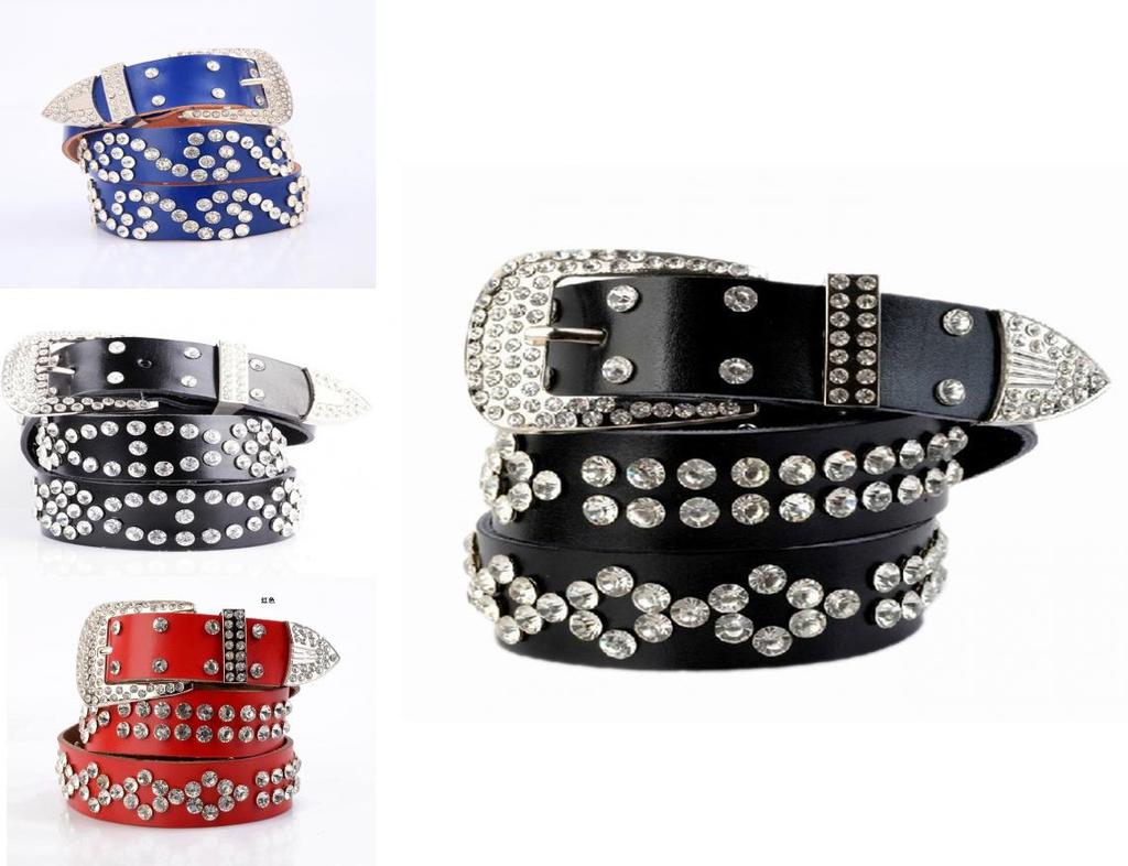 Fashionable Leather Belt For Women With Rhinestone Pattern And Adjustable Pin Closure