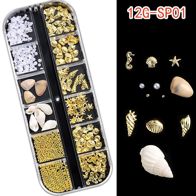 1 Box Metal Summer Ocean Nail Art Charms 3D Shell Starfish Seahorse Pearl Beads Alloy Nail Jewelry Mixed Manicure Studs Decor