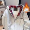 2024 Autumn/Winter Designer Fleece-Lined Retro Plaid Patchwork Hoodie
