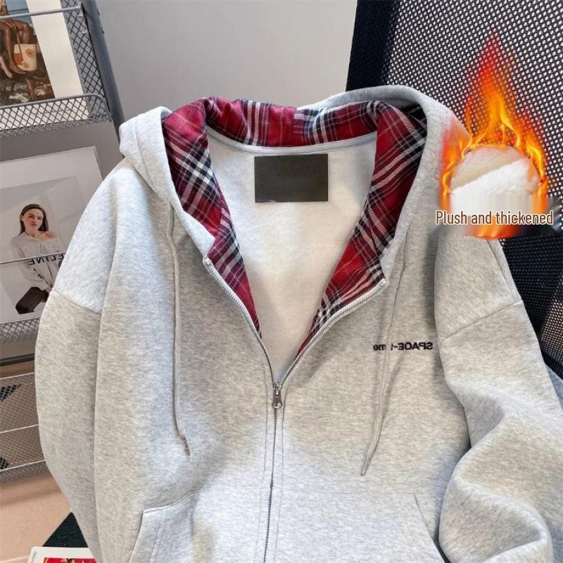 2024 Autumn/Winter Designer Fleece-Lined Retro Plaid Patchwork Hoodie