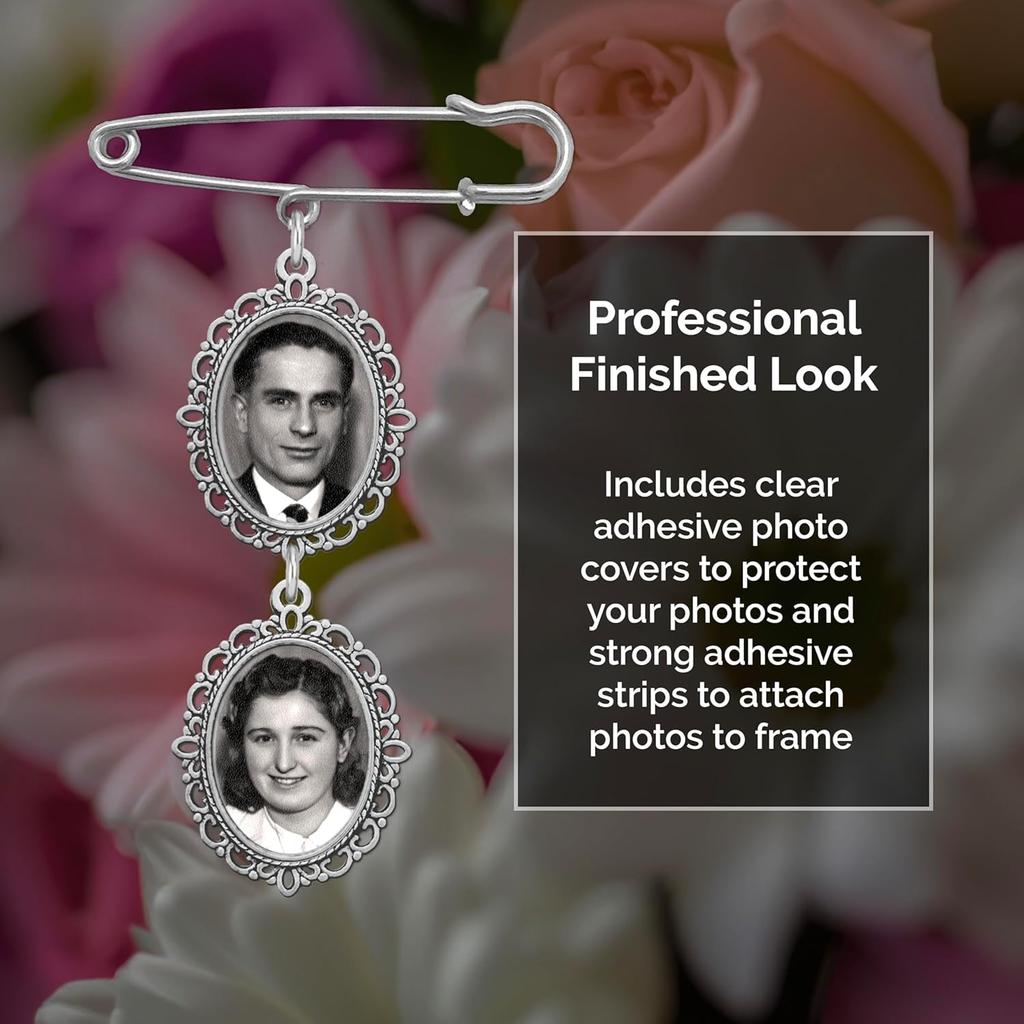 Wedding Bouquet Photo Charm Pin Cascading Double Oval Frame for Bride's Flowers or Boutonniere, Silver plate