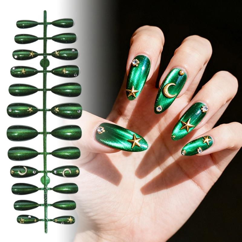 Fashion Press On Nail With Emerald Cats Eye Design Lightweight Full Cover Stick On Nail for Women Manicure
