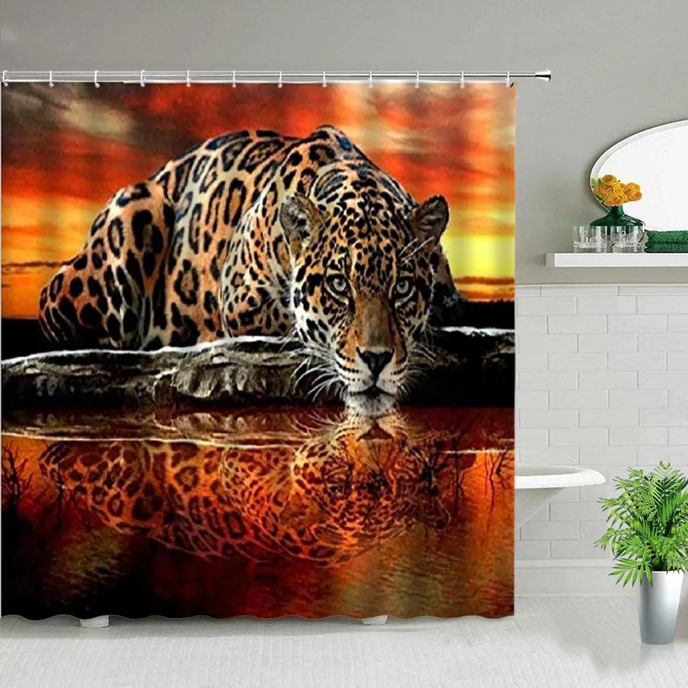 Africa Grassland Wild Animals Printed Shower Curtains Tiger Lion Waterproof Fabric Bathroom Curtains Bathtub Decor with Hooks