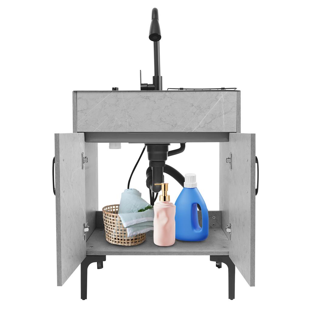 Dulap Chiuvetă de Bucătărie Autoportant cu Baterie Extensibilă, Chiuvetă de Utilitate pentru Spălătorie din Oțel Inoxidabil Gri cu Picurător