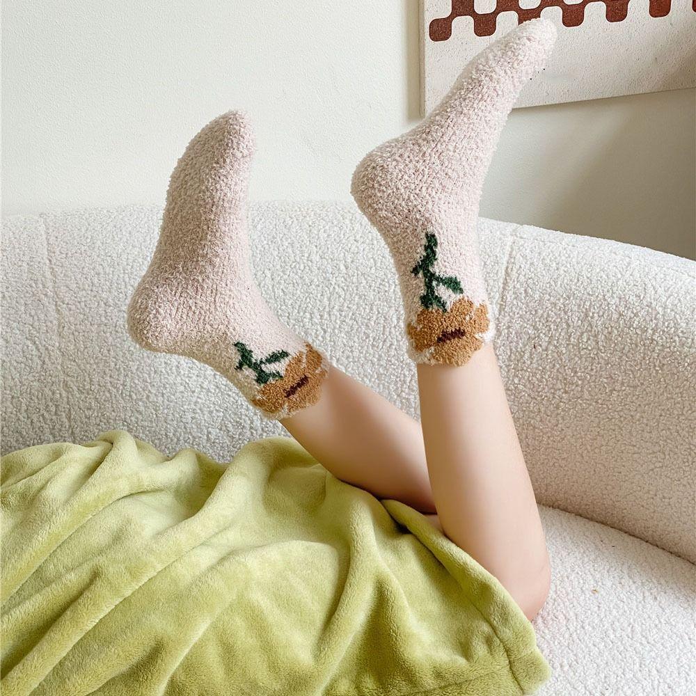 6Pairs Thickened Coral Fleece Socks Flower Warm Socks Women Floor Plush Socks For Female Men