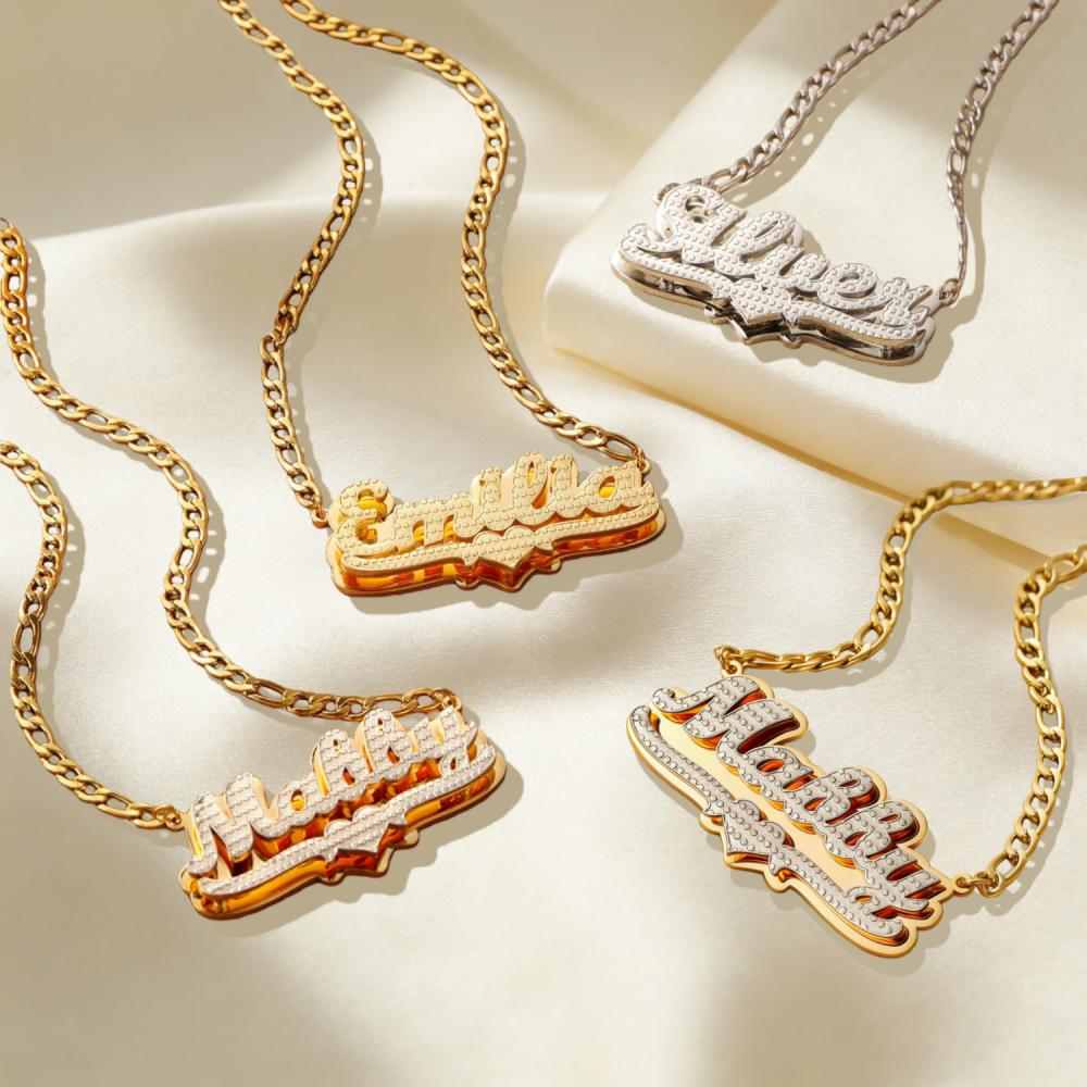 18K Gold Nameplate Necklace Personalized Double Name Plate 3D Name Two Tone Necklace Custom Heart Name Necklace For Women