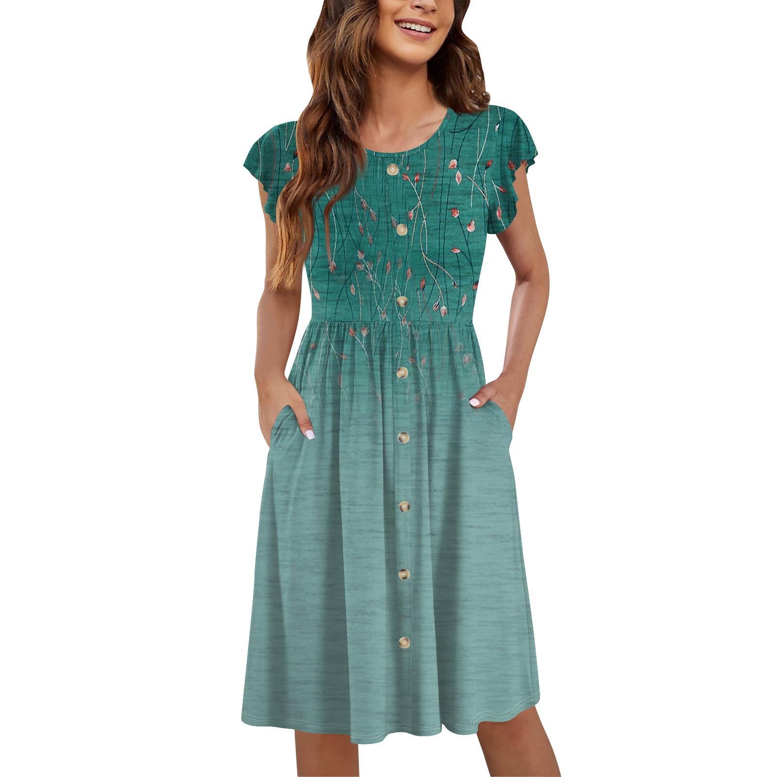 

Женские летние платья с круглым вырезом и рукавами-крылышками, повседневные свободные платья-миди с карманами на пуговицах и принтом XXXL зелёный