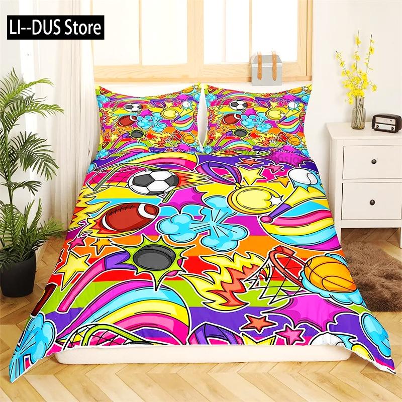 Football Duvet Cover Sports Theme Ball Games Bedding Set Kids Basketball Hockey Comforter Cover Twin for Boys Girls Room Decor
