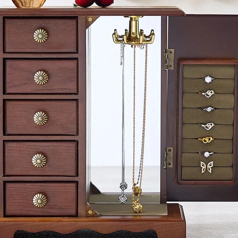 Wood Jewelry Box Velvet Drawer Ring Necklace Earrings Jewelry Boxes Organizer Bracelet Display Stand Women Accessories Storage