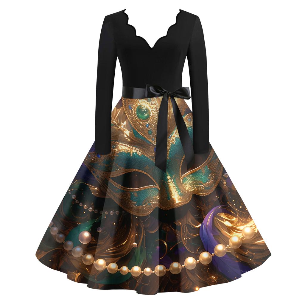 Women's Casual Fashion V Neck Long Sleeve Printed Vintage Long Dress