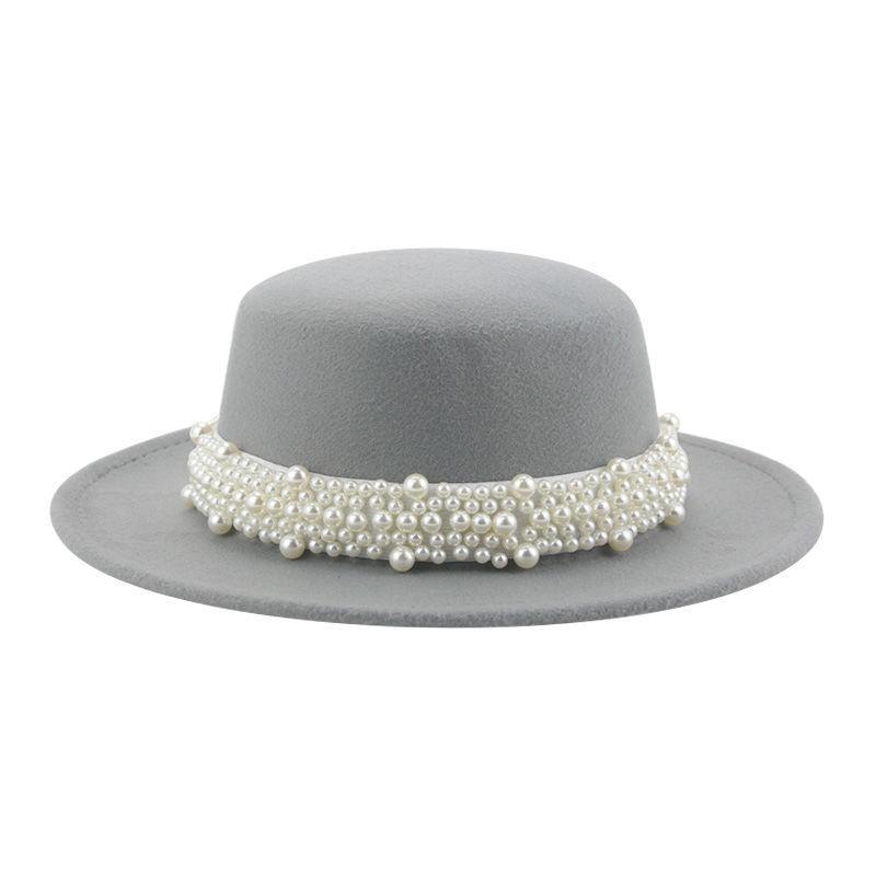 Top Hat Short Brim Hepburn Style British Style Small Round Tibetan High-end Jazz Hat Versatile Flat Top Felt Hat Pearl Premium New