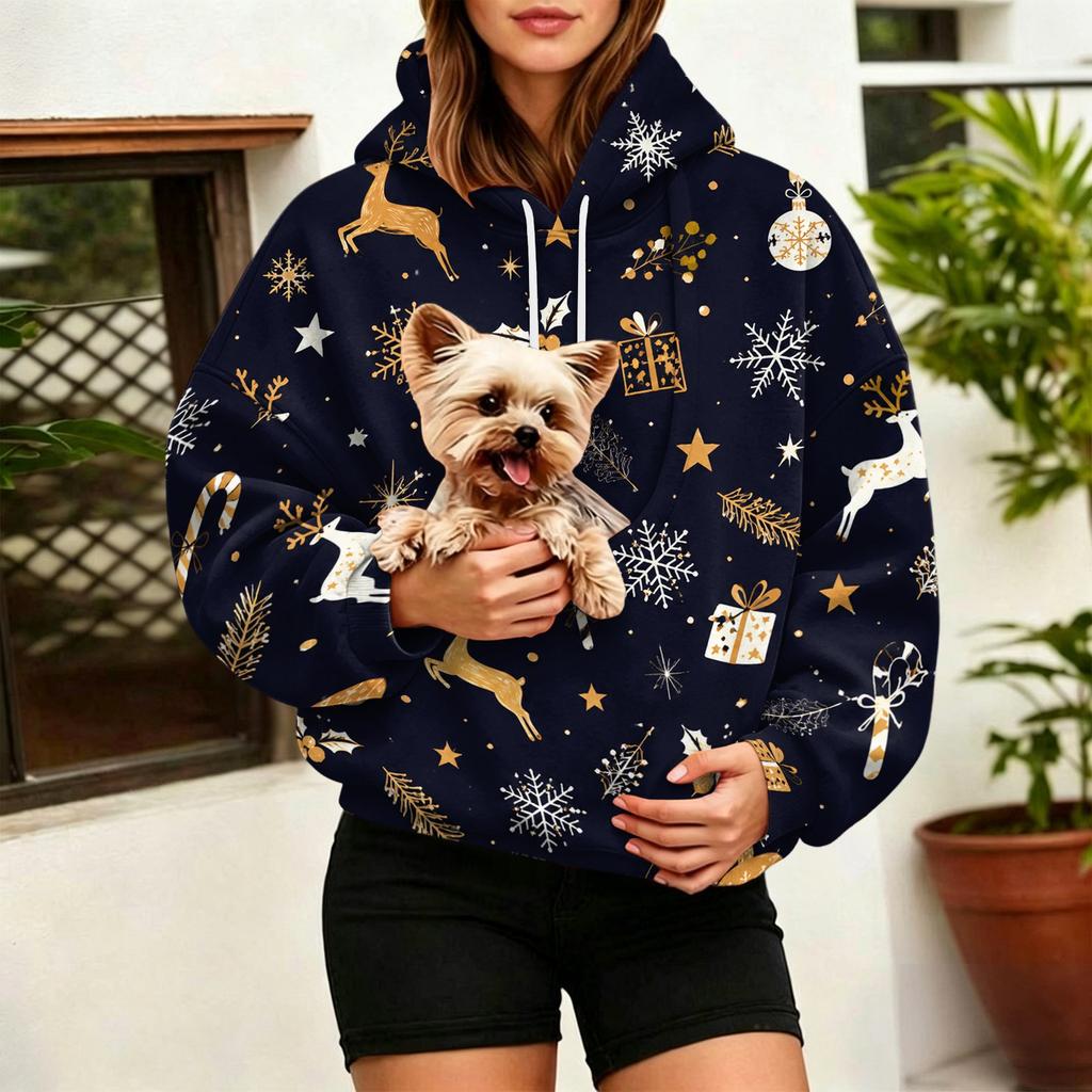 Women's Fashion Christmas Print Pullover Hoodie with Large Pet Pocket for Casual Wear