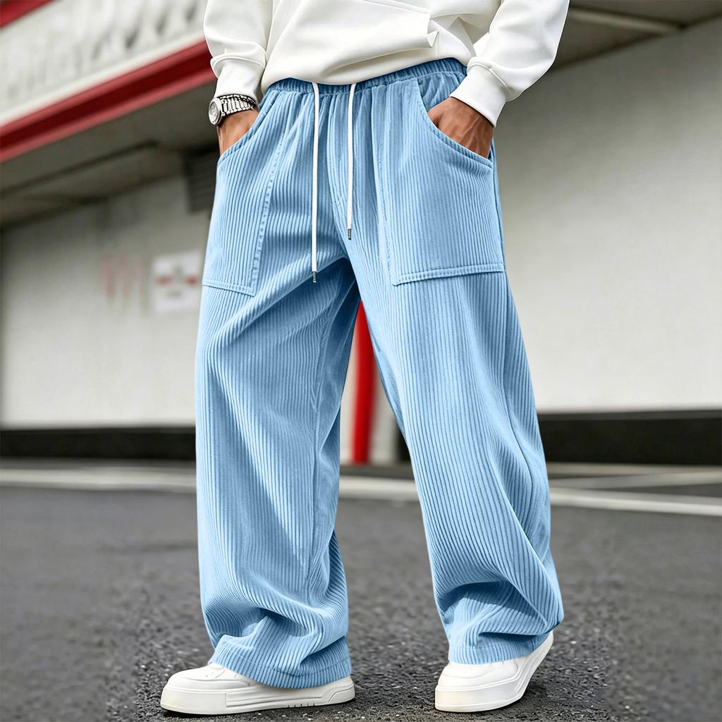Men's Corduroy Pants Loose Fit Straight Leg with Elastic Waist for Casual Everyday Wear