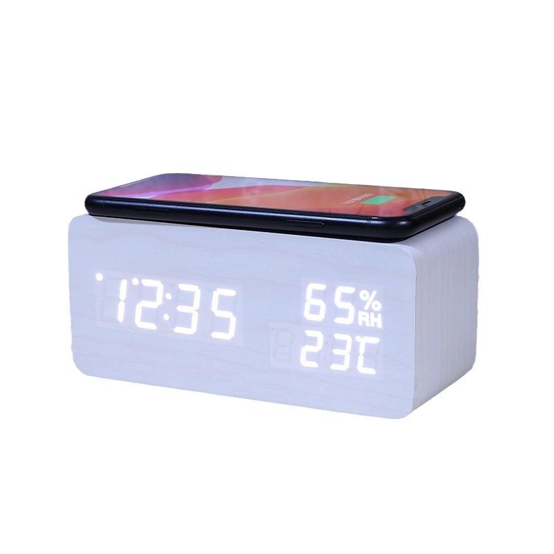 Smart Wireless Charging Clock Creative Electronic Wooden Clock Digital Wireless Fast Charging Temperature Alarm Clock