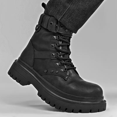 Black Genuine Leather Thick Soled Men's Boots New Trendy Designer Style Daily Outdoor Leisure Motorcycle Hiking Quality Shoes