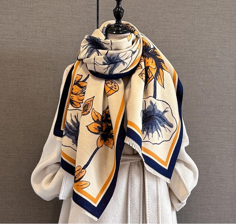 New Autumn Winter Women Cashmere Scarf Thick Warm Shawl Lotus Flower Print Fashionable And Versatile Elegant Scarves