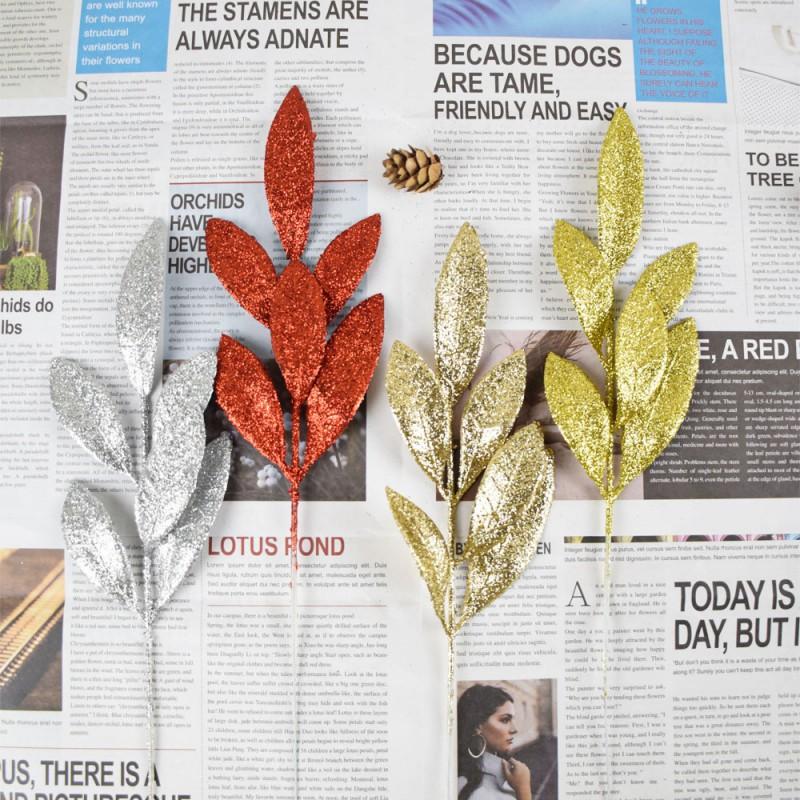 6-Leaf Gold Glitter Olive Branches Christmas Tree Wreath Garland Decorative Stem