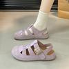 Fashion Women's Casual Round Head Flat Shoes Summer New Baotou Cow Suede Metal Buckle Soft Sole Anti-slip Wear-resistant Sandals