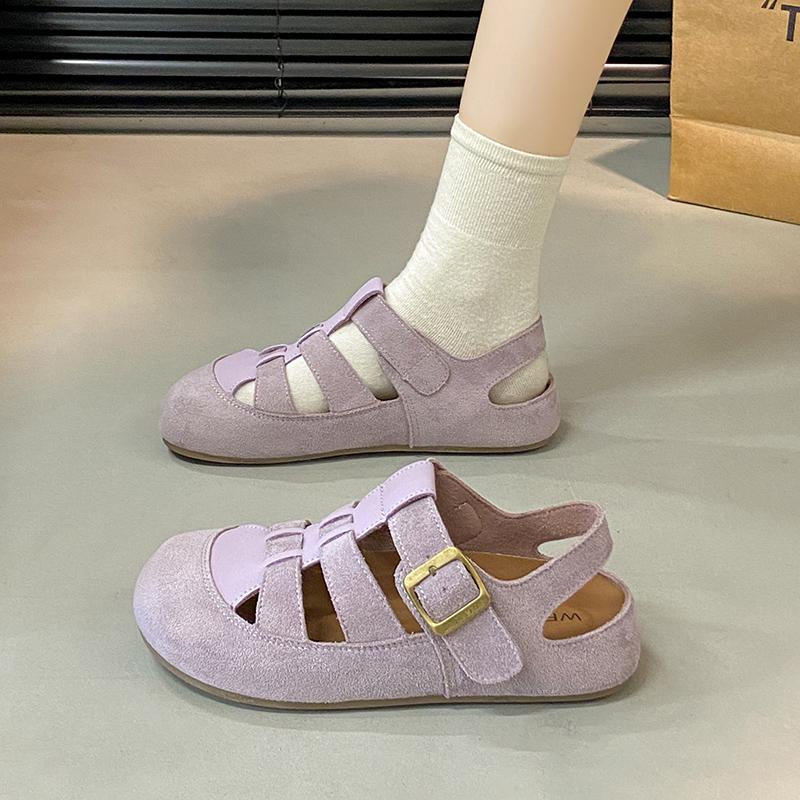 Fashion Women's Casual Round Head Flat Shoes Summer New Baotou Cow Suede Metal Buckle Soft Sole Anti-slip Wear-resistant Sandals
