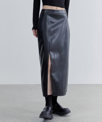 Woman Women'S Synthetic Leather Slit Long Skirt [Black]