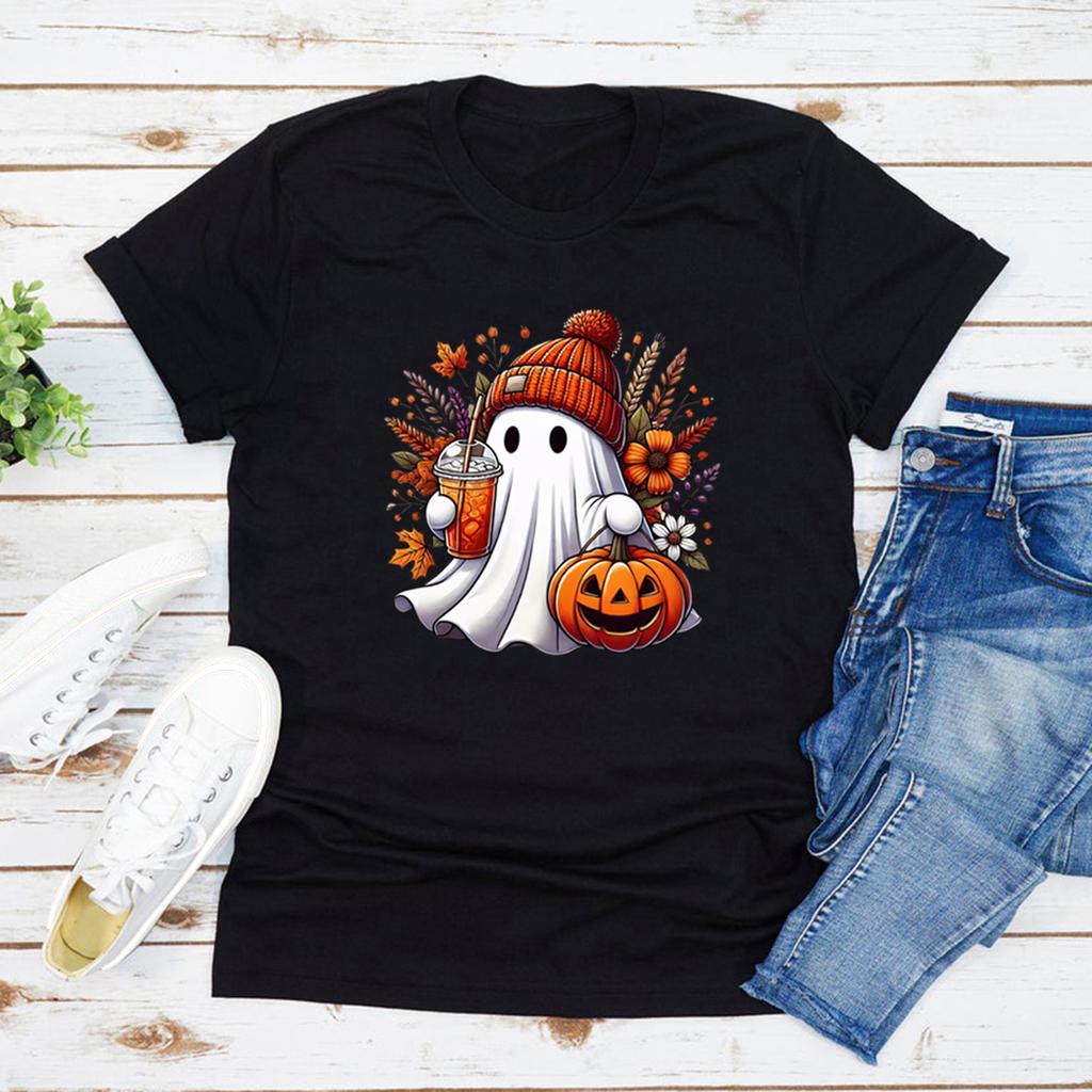 Halloween Cute Ghost T-shirt Halloween Pumpkin Spice Tee Women's Graphic T Shirts Spooky Season T-shirts Trick or Treat Tees