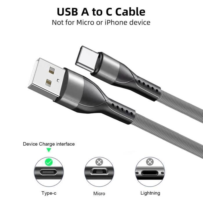 3 Câble USB-C Charge Rapide 3A pour Samsung Galaxy A17 A16 A15 A36 A37 A56 A57 - Nylon Tressé Renforcé 1M Gris