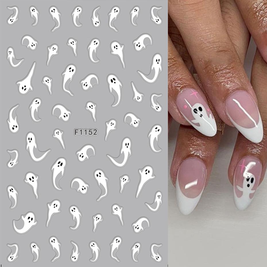 2pcs Luminous Halloween Spooky Nail Stickers White Ghost Pumpkin Design Decals Glow In The Dark Manicure Nail Art Decorations
