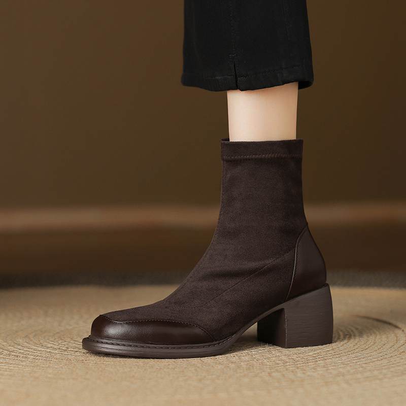 Krazing Po Microfiber Winter Round Toe Size 33 Chelsea Boots Size 43 Zipper Thick High Heels Patch Work Ankle Boots