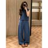 Ensemble deux pièces pour femme : gilet en jean sans manches style rétro et pantalon large taille haute été petit homme semble grand et mince style décontracté