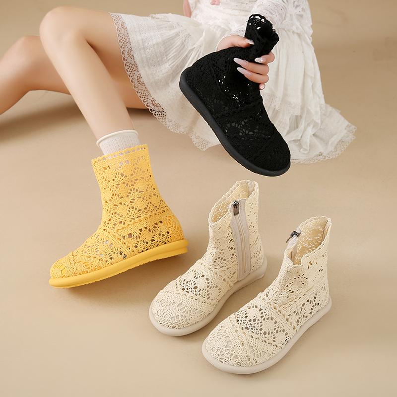 2025 Women Hollow Out Boots Mesh Breathable Shoes Summer Female Ankle Botas Knit Line Flats Zipper Round Toe Solid Footwear