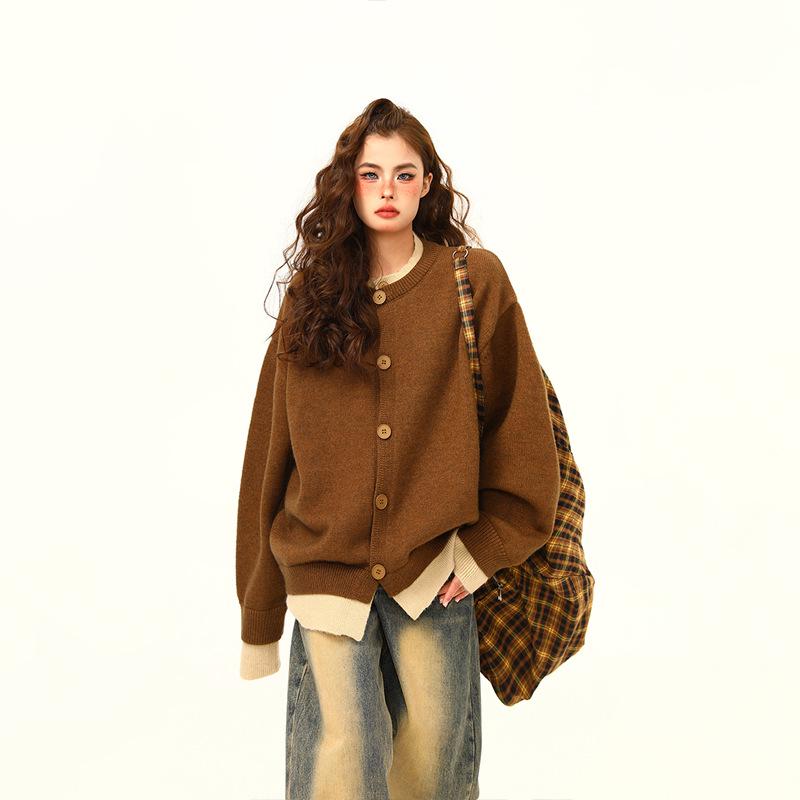 Unisex Retro Faux Two-Piece Knit Sweater: Fall/Winter, Maillard, Casual, Loose Fit, Trendy Style X-Large кофейный