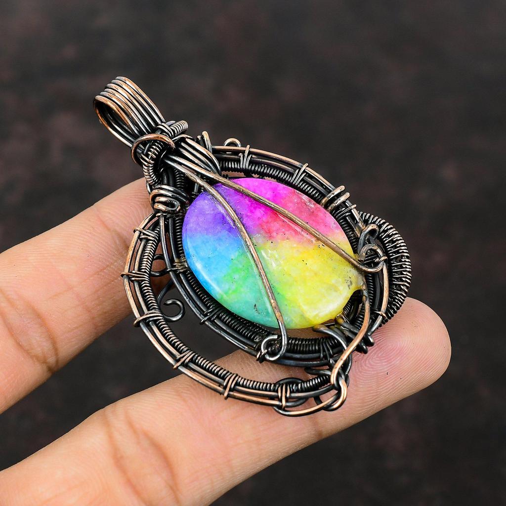 Rainbow Solar Quartz Druzy Pendant Copper Wire Wrapped Pendant Handmade Brand New Jewelry Gemstone Pendant Copper Wire Jewelry Gift For Mom
